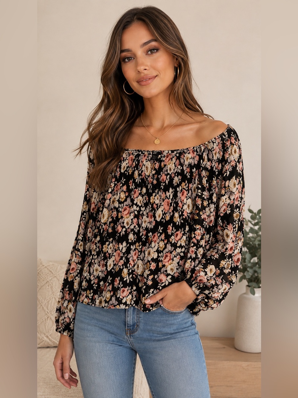 free press Black Floral Off-Shoulder Blouse with Peach & Cream Blooms